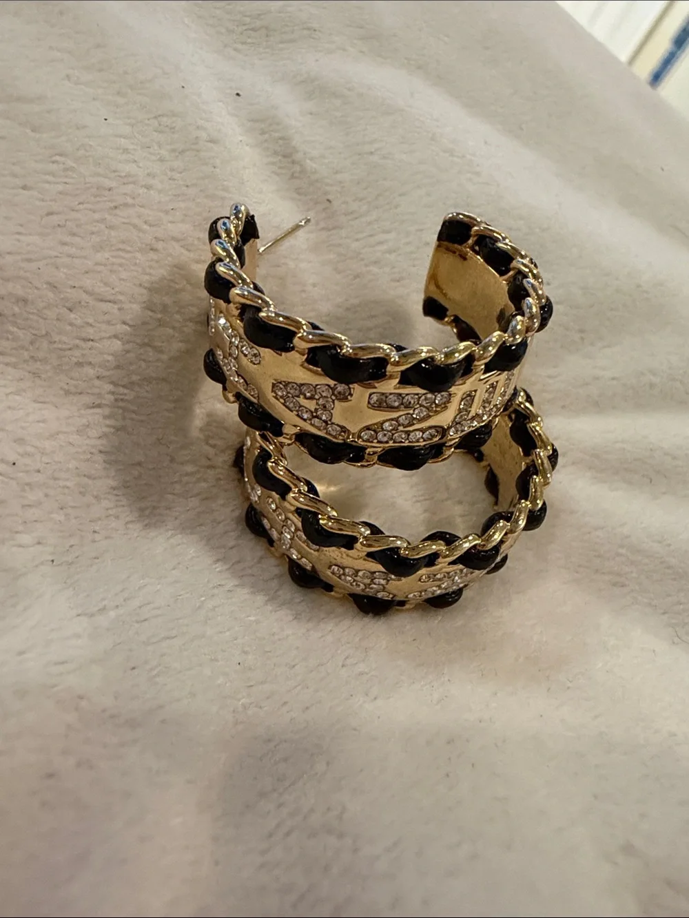 Chanel CC Strass & Interwoven Leather Hoop Earrings